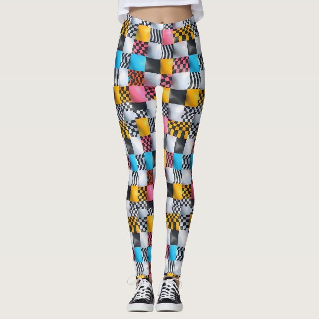Vibrant 3D Chequerboard – Playful Retro Pop Leggings (Front)