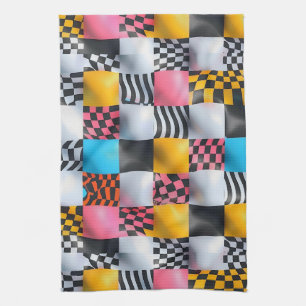 Vibrant 3D Chequerboard – Playful Retro Pop Tea Towel
