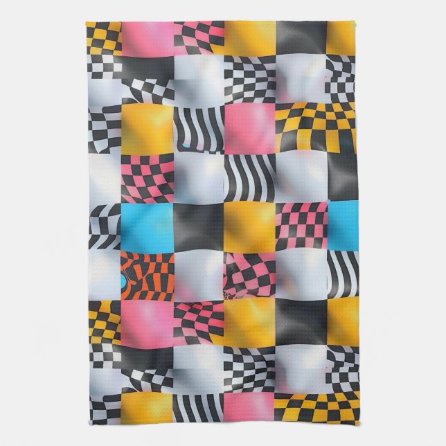 Vibrant 3D Chequerboard – Playful Retro Pop Tea Towel (Vertical)