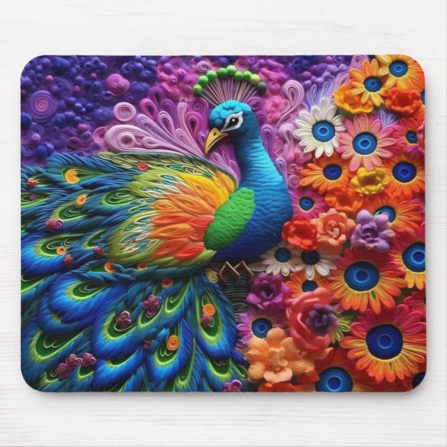 Vibrant 3D Peacock  Mouse Mat (Front)