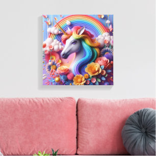  Vibrant 3D Unicorn Portrait with Floral Accents  Canvas Print