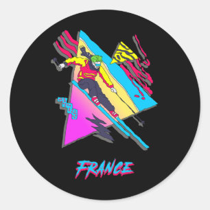 Vibrant 80s Retro Skier France Theme Winter Sport Classic Round Sticker