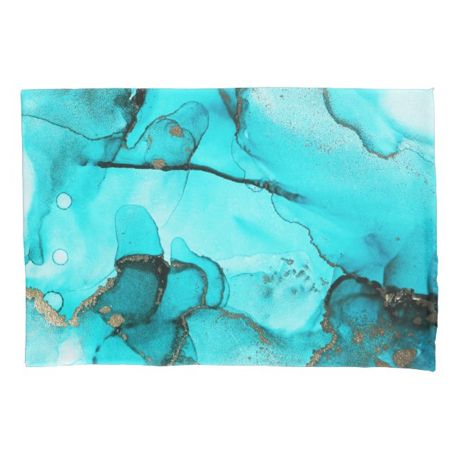 Vibrant Abstract Aegean Turquoise Gold Pillowcase (Front)