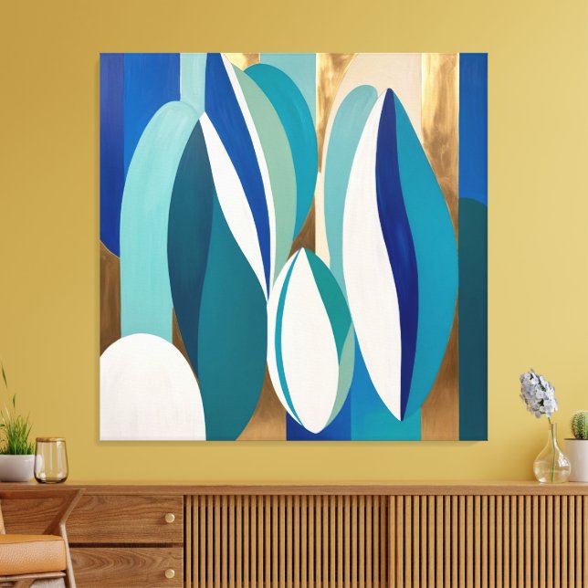 Vibrant Abstract Art with Blue and Teal Oval Forms Canvas Print (Insitu(LivingRoom))