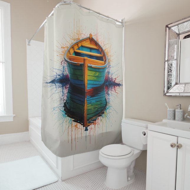 Vibrant Abstract Boat Art Artistic Design Shower Curtain (In Situ)