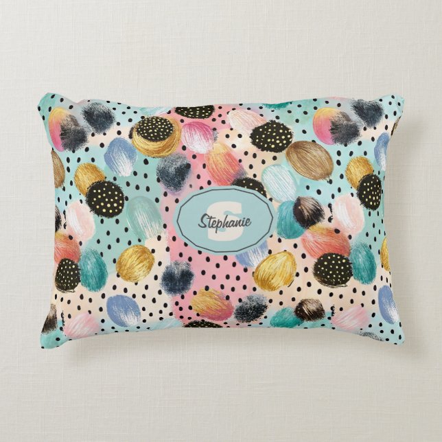 Vibrant Abstract Brushstroke & Polka Dot Pattern Decorative Cushion (Front)