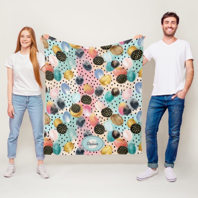 Vibrant Abstract Brushstroke & Polka Dot Pattern Fleece Blanket (In Situ)