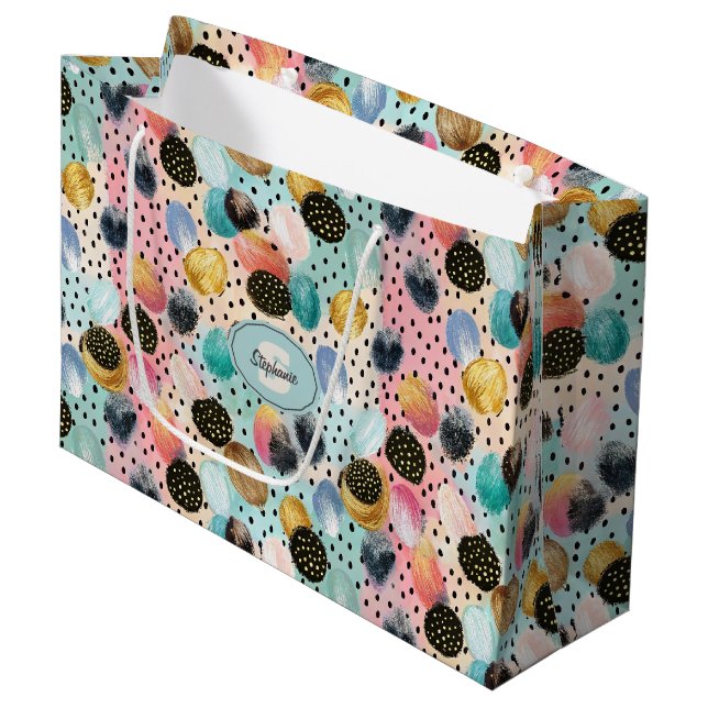 Vibrant Abstract Brushstroke & Polka Dot Pattern Large Gift Bag (Front Angled)