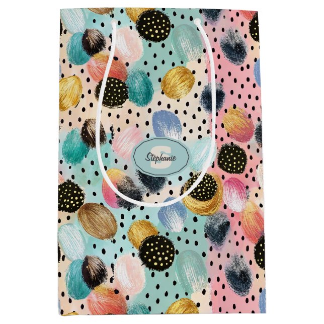 Vibrant Abstract Brushstroke & Polka Dot Pattern Medium Gift Bag (Front)
