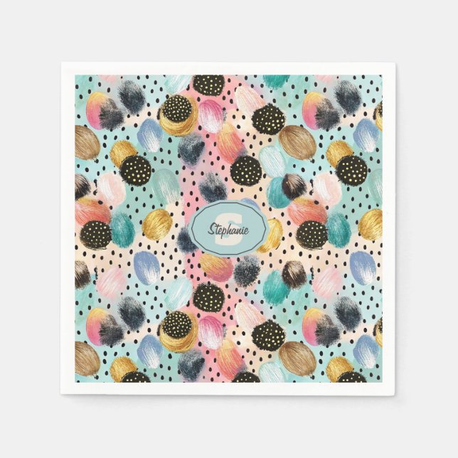 Vibrant Abstract Brushstroke & Polka Dot Pattern Napkin (Front)