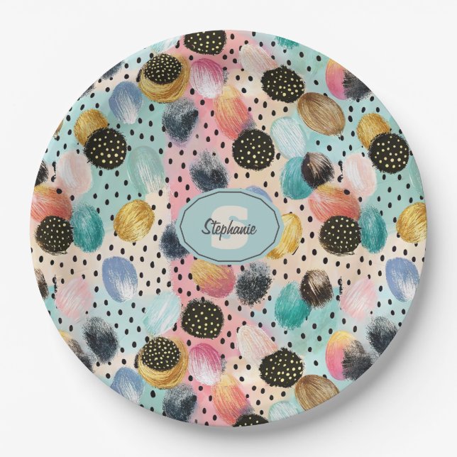 Vibrant Abstract Brushstroke & Polka Dot Pattern Paper Plate (Front)