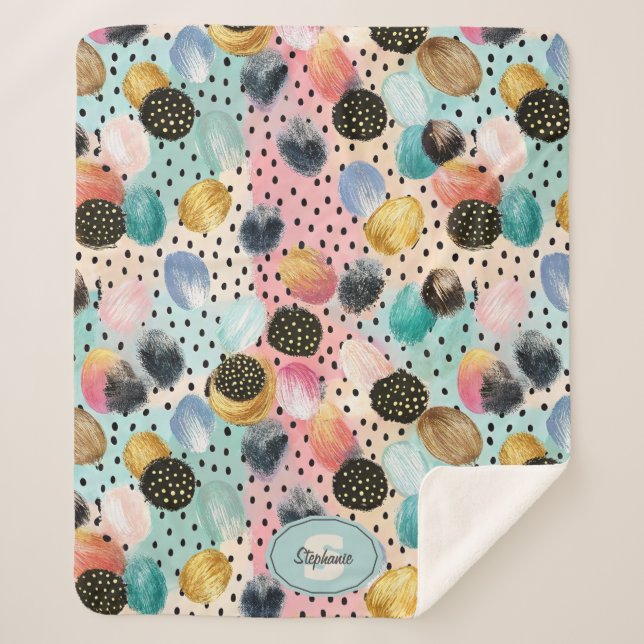 Vibrant Abstract Brushstroke & Polka Dot Pattern Sherpa Blanket (Front)