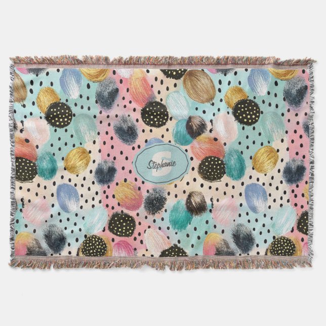 Vibrant Abstract Brushstroke & Polka Dot Pattern Throw Blanket (Front)