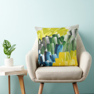 Vibrant Abstract Brushstrokes Yellow, Green & Blue Cushion