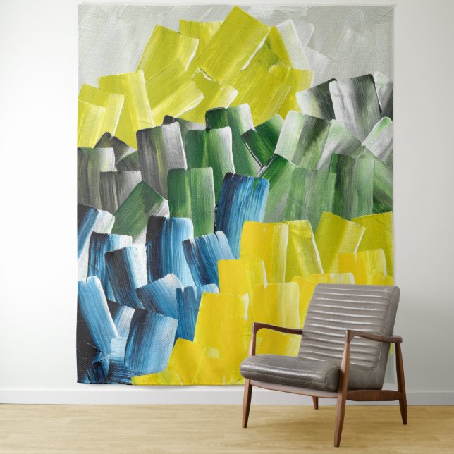 Vibrant Abstract Brushstrokes Yellow, Green & Blue Tapestry (In Situ)