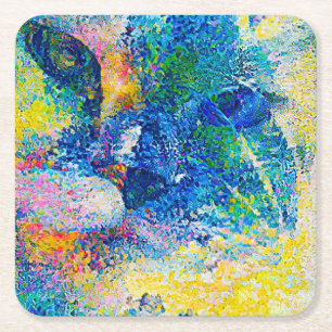 Vibrant Abstract Cat Art Print Square Paper Coaster