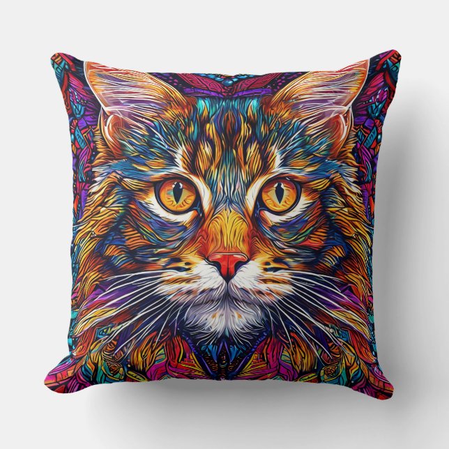 Vibrant Abstract Cat Illustration Cushion (Front)