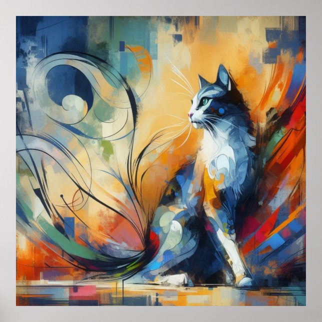 Vibrant Abstract Cat Wall Art Print (Front)