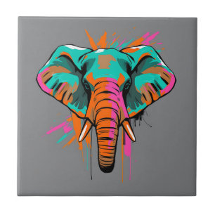 Vibrant Abstract Elephant with Bold Teal  Tile
