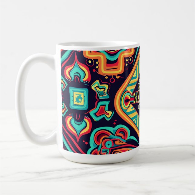 Vibrant Abstract Ethnic Huichol Tribal Pattern Coffee Mug (Left)