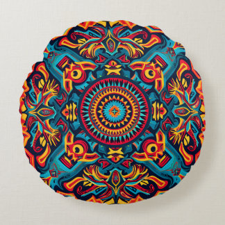 Vibrant Abstract Ethnic Huichol Tribal Pattern Round Cushion