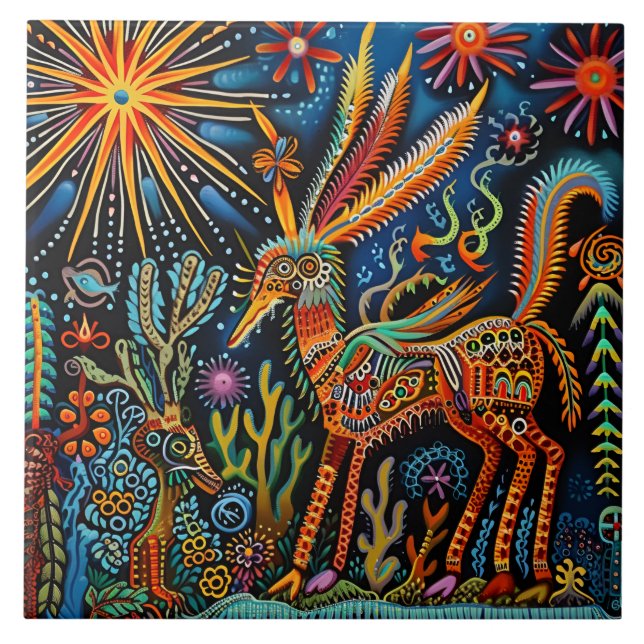 Vibrant Abstract Ethnic Huichol Tribal Pattern Tile (Front)