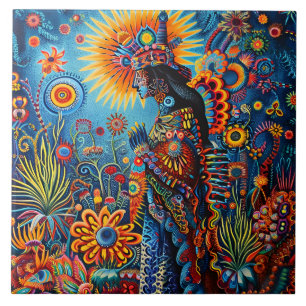 Vibrant Abstract Ethnic Huichol Tribal Pattern Tile