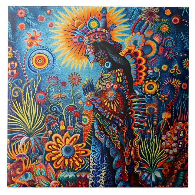 Vibrant Abstract Ethnic Huichol Tribal Pattern Tile (Front)