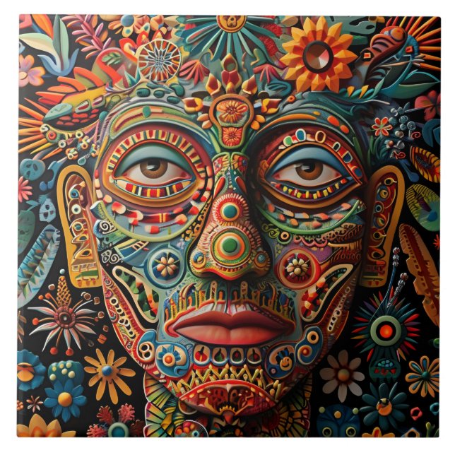 Vibrant Abstract Ethnic Huichol Tribal Pattern Tile (Front)