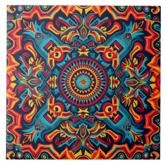 Vibrant Abstract Ethnic Huichol Tribal Pattern Tile