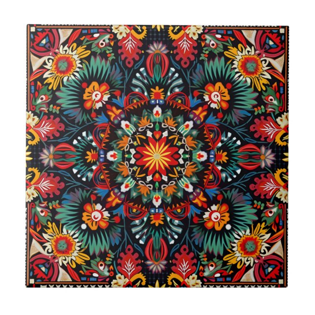 Vibrant Abstract Ethnic Huichol Tribal Pattern Tile (Front)