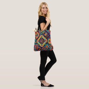 Vibrant Abstract Ethnic Huichol Tribal Pattern Tote Bag