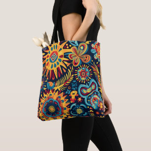 Vibrant Abstract Ethnic Huichol Tribal Pattern Tote Bag