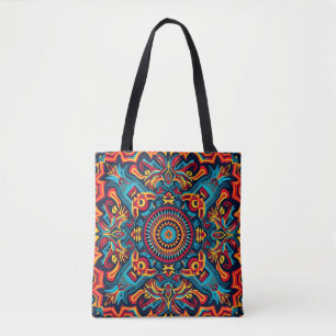 Vibrant Abstract Ethnic Huichol Tribal Pattern Tote Bag
