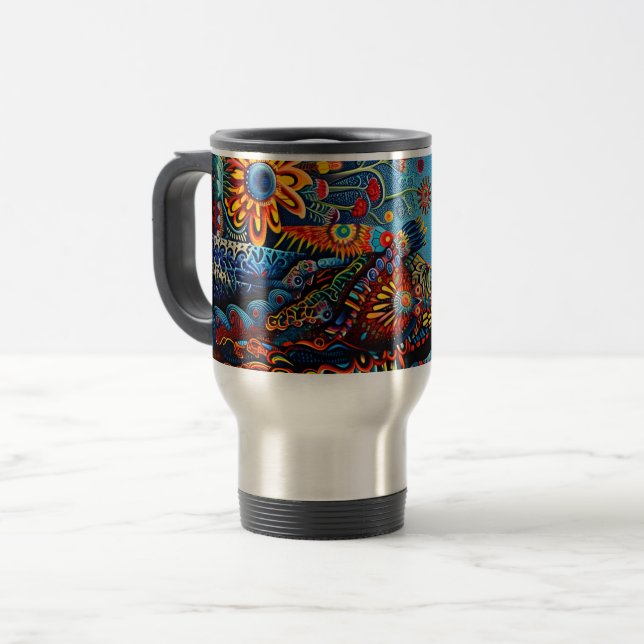Vibrant Abstract Ethnic Huichol Tribal Pattern Travel Mug (Front Left)