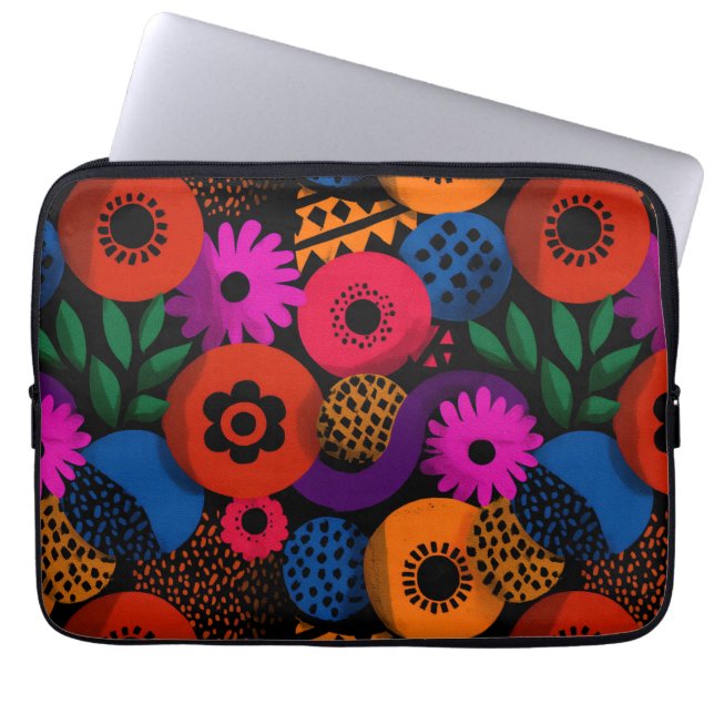 Vibrant Abstract Floral and Geometric Pattern Laptop Sleeve (Front)