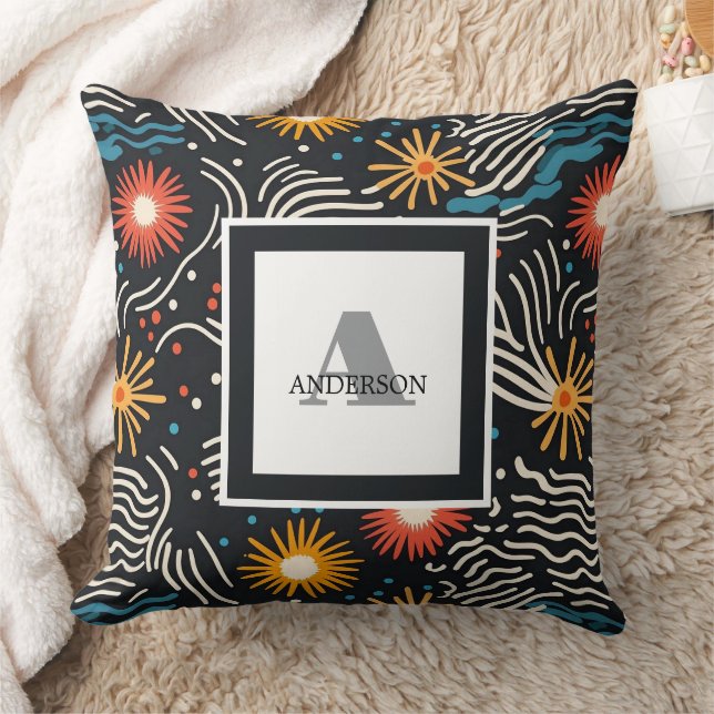 Vibrant Abstract Floral Waves on Black Cushion (Blanket)