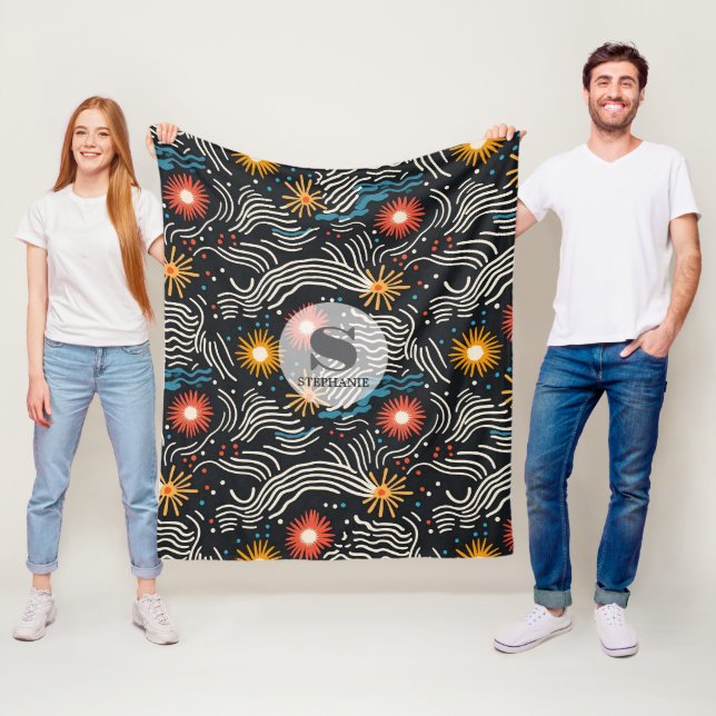 Vibrant Abstract Floral Waves on Black Fleece Blanket (In Situ)