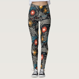 Vibrant Abstract Floral Waves on Black Leggings