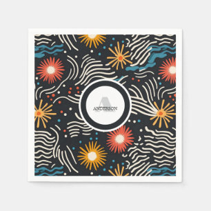 Vibrant Abstract Floral Waves on Black Napkin