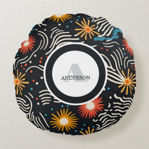 Vibrant Abstract Floral Waves on Black Round Cushion