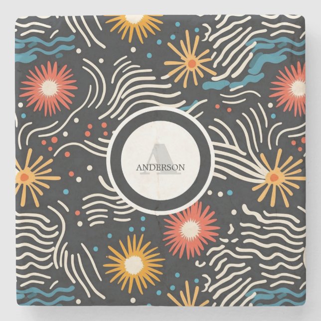 Vibrant Abstract Floral Waves on Black Stone Coaster (Front)