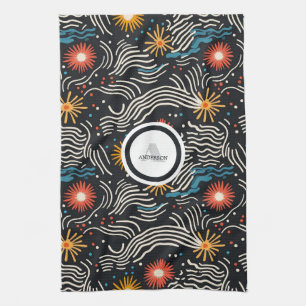 Vibrant Abstract Floral Waves on Black Tea Towel