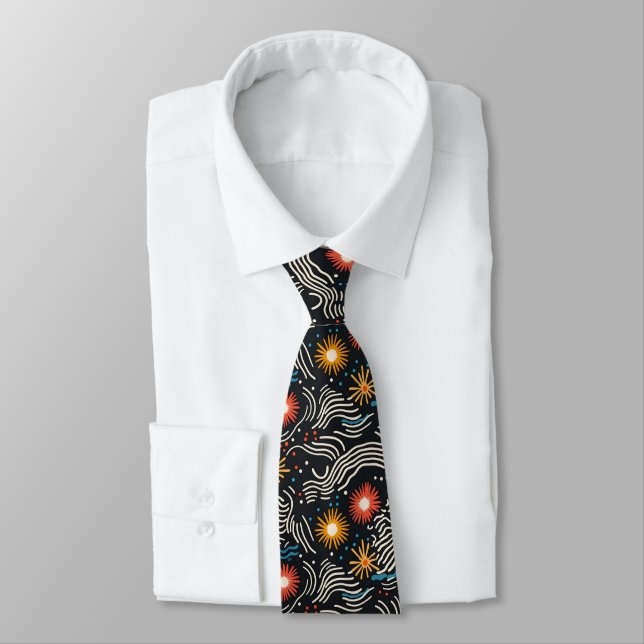 Vibrant Abstract Floral Waves on Black Tie (Tied)