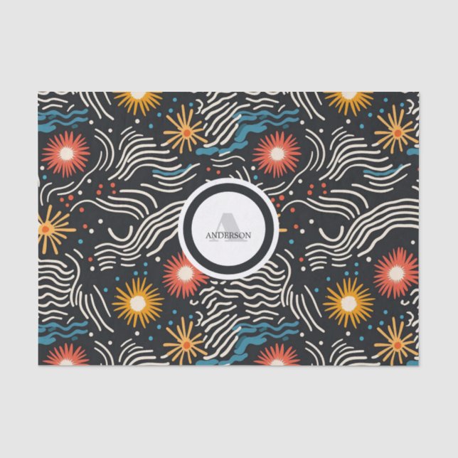 Vibrant Abstract Floral Waves on Black Tissue Paper (Front)