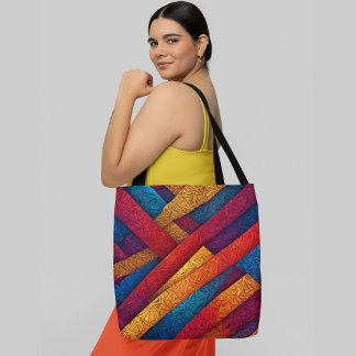 Vibrant abstract geometric pattern diagonal lines tote bag