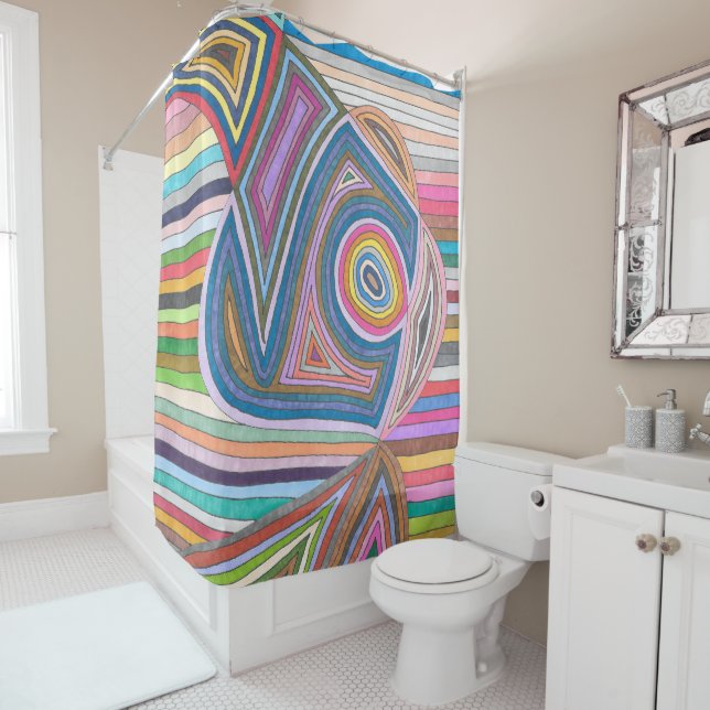 Vibrant Abstract Geometric Striped Pattern Shower Curtain (In Situ)