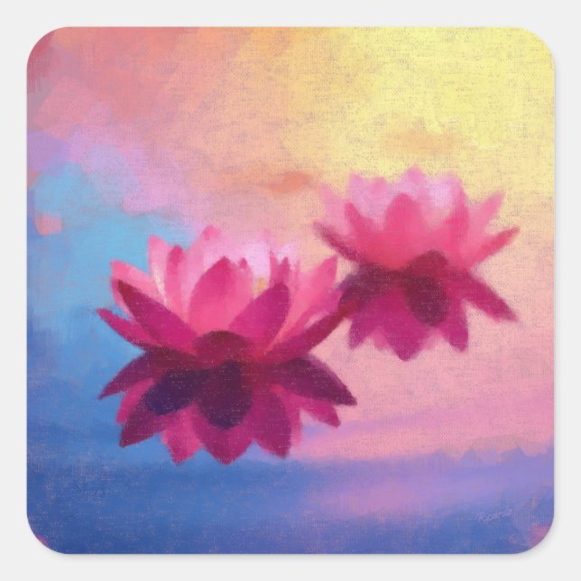 Vibrant Abstract Lotus Flowers Square Sticker (Front)