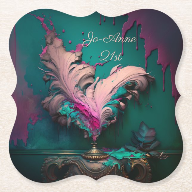 Vibrant Abstract Pink and Teal  Paper Coaster (Front)