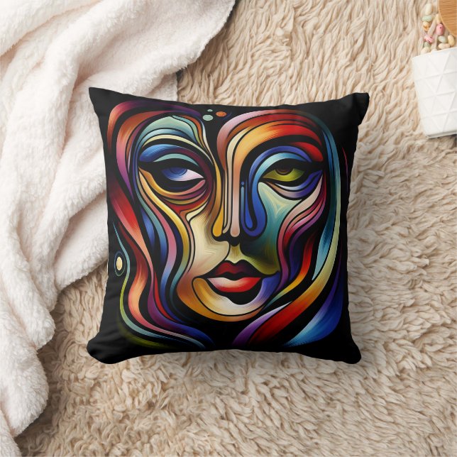 Vibrant Abstract Portrait With Colourful Stripes Cushion (Blanket)